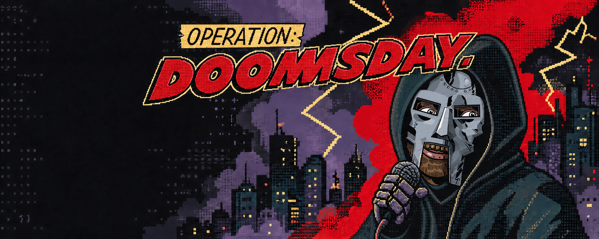 Pixel-art Operation Doomsday poster with a silver-masked hooded performer in a night city
